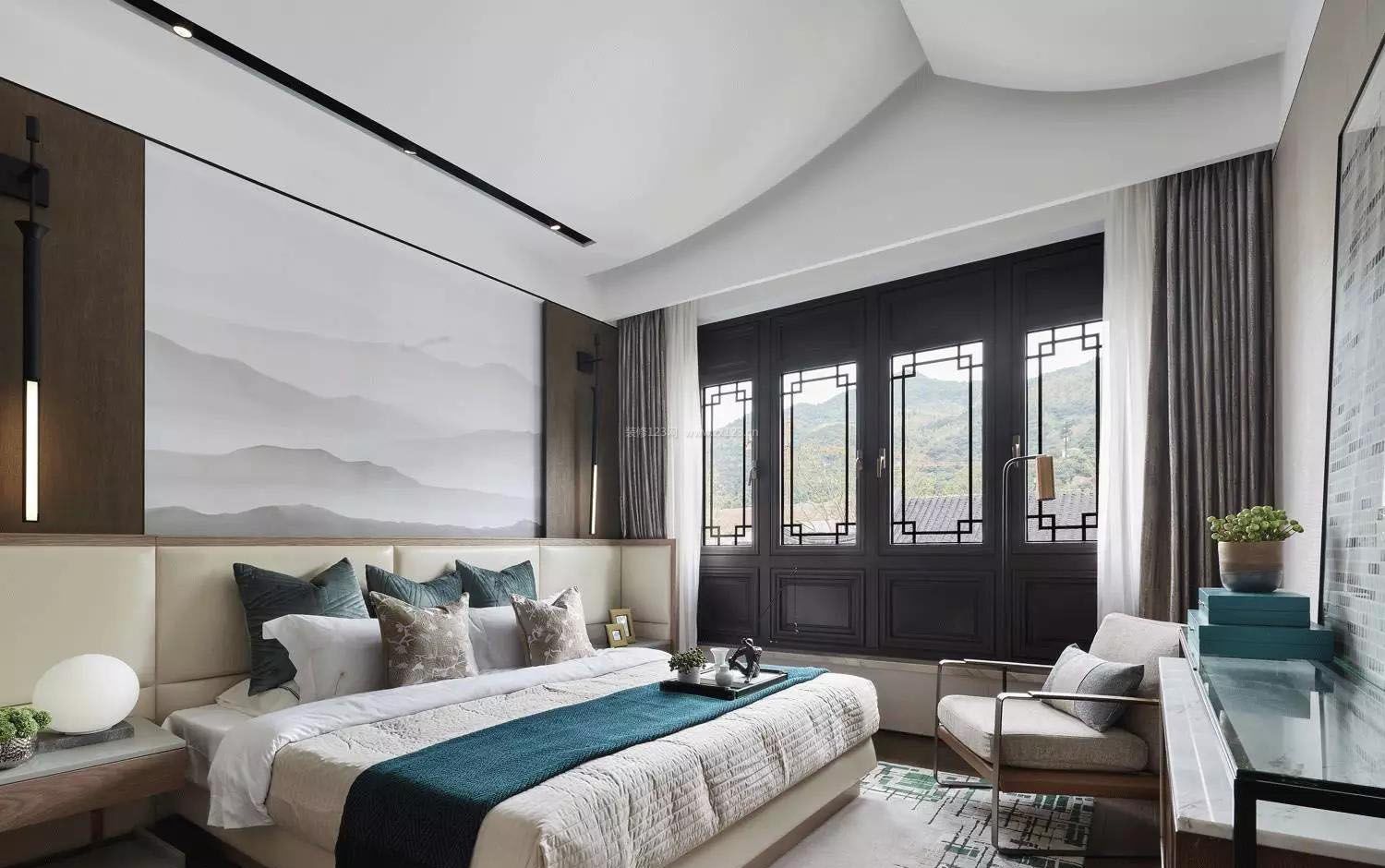 现代中式卧室简约床头背景墙效果图