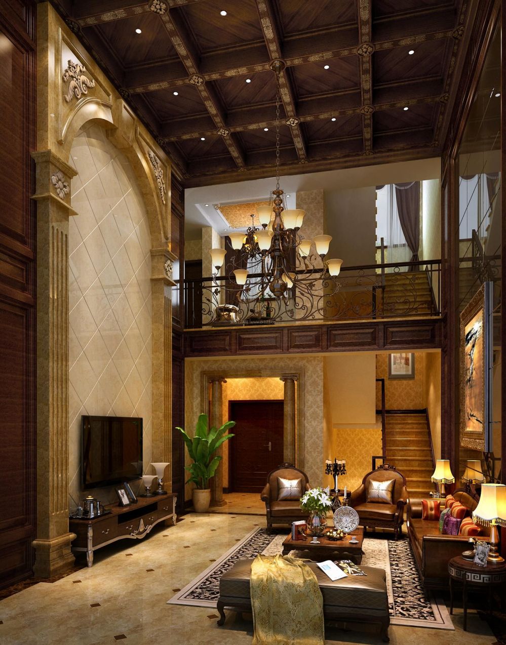 美式古典风格独栋别墅客厅装修效果图片大全