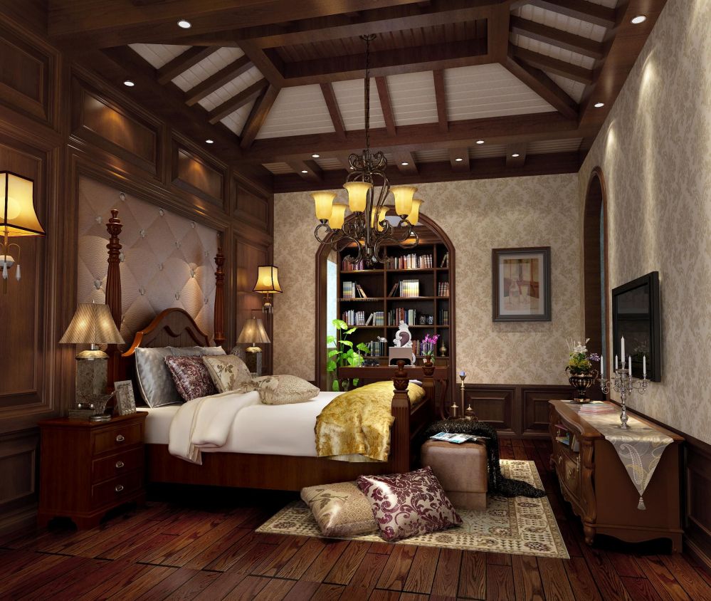 2017美式古典风格别墅卧室装修效果图片