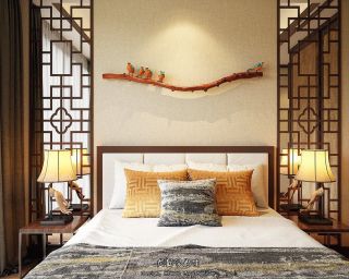 中式风格卧室床头背景墙装修效果图大全图片