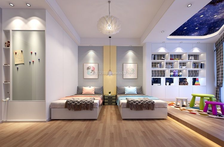 2022现代别墅室内双人儿童房装修设计效果图