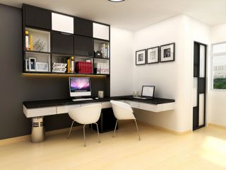 黑白风格室内书桌书柜一体图 