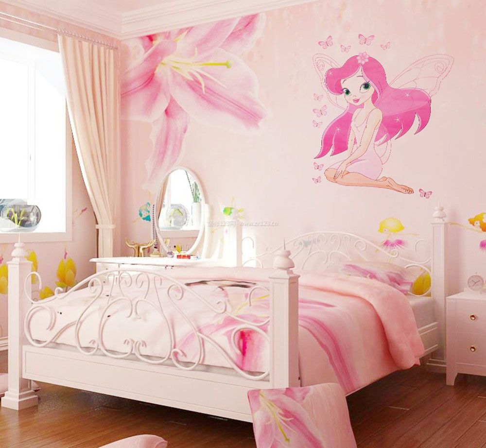 女生粉色房间卡通壁纸装修