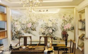 现代中式餐厅浮雕艺术玻璃装修效果图