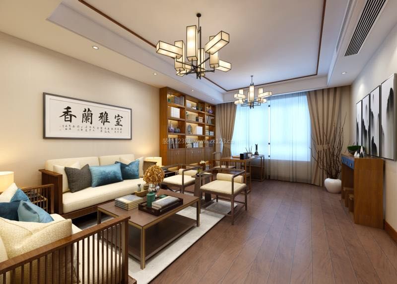 2023新中式客厅书房一体装修效果图片方案_装信通网效果图