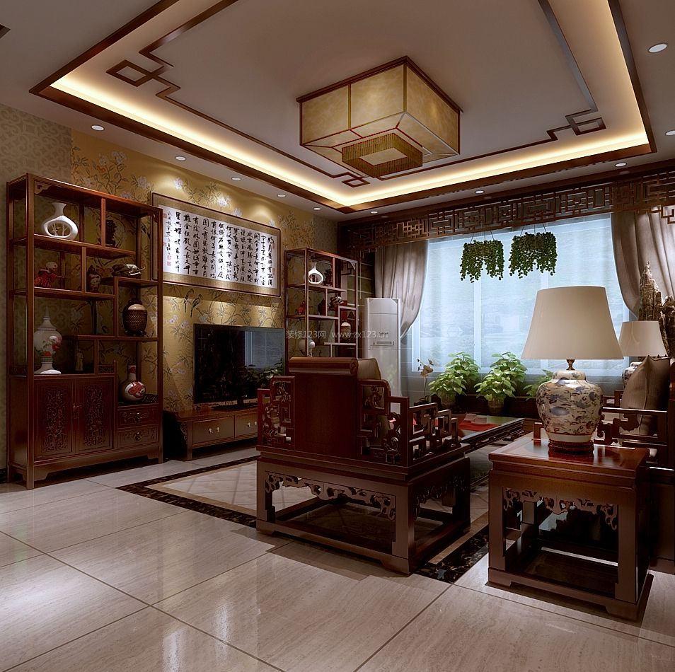 2017中式客厅电视背景墙设计案例图片