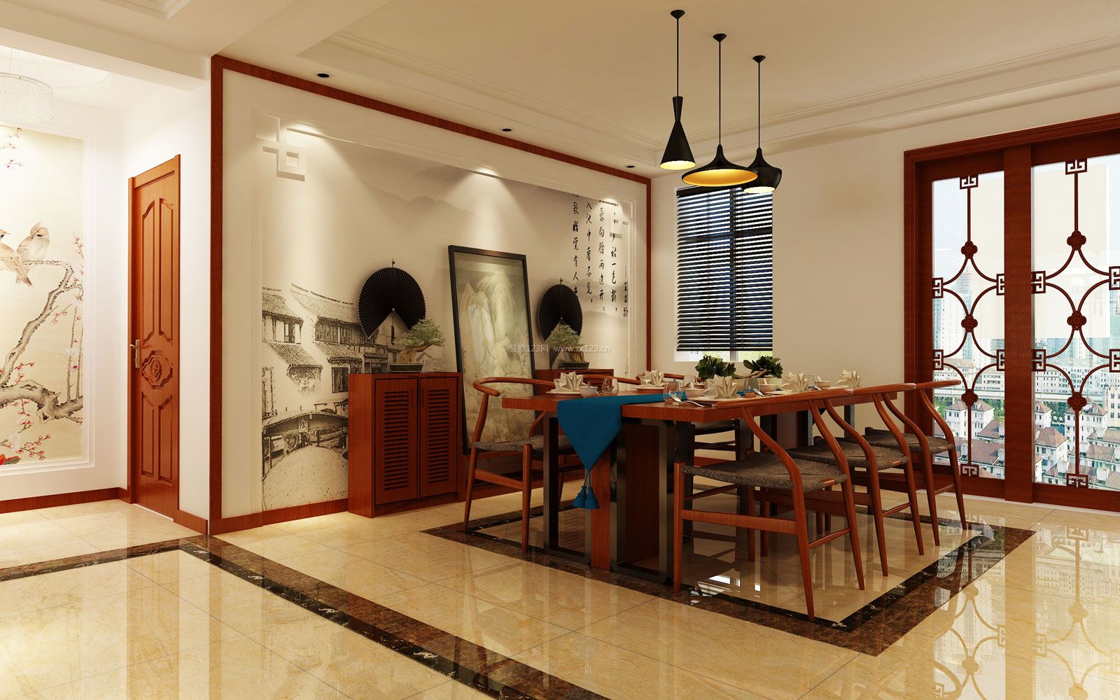 2017时尚新中式餐厅背景墙装饰效果图片