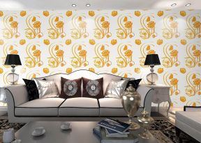 简欧风格客厅墙布上有菊花图案装修设计