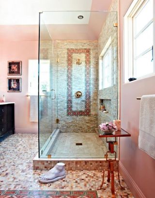 2023家装粉色卫生间地面瓷砖拼花图片欣赏