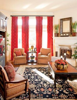 2023客厅淑女型红色窗帘设计图片