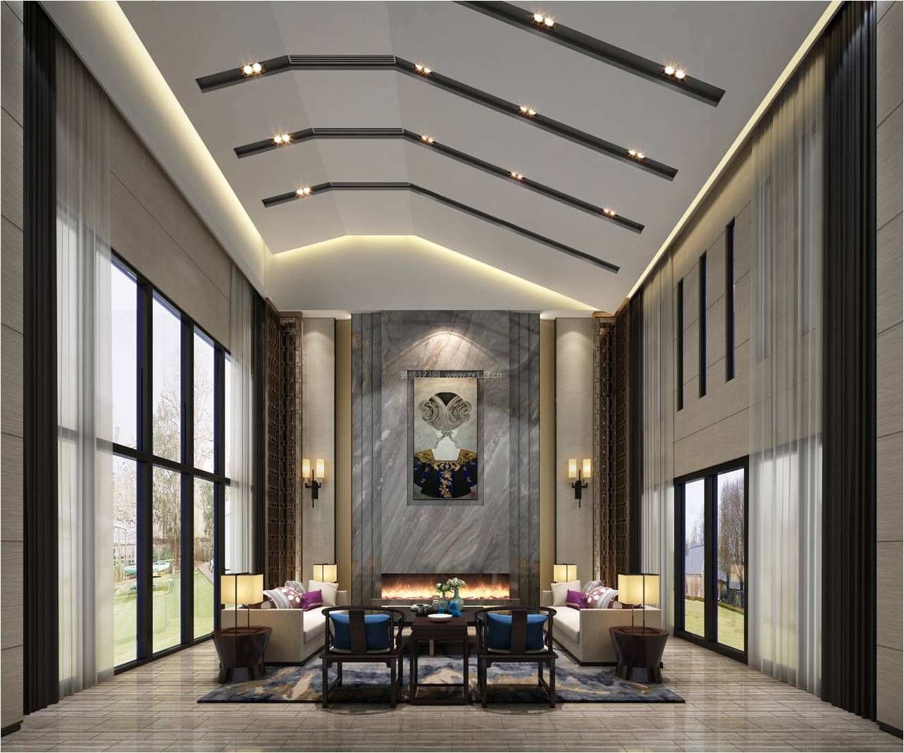 2023大气新中式别墅客厅吊顶造型设计图片