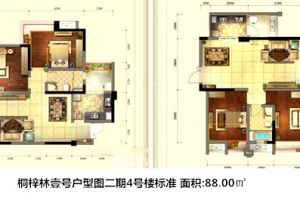 成都桐梓林壹号88平米2居室户型装修案例