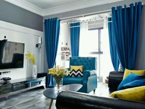 现代时尚客厅蓝色窗帘装修效果图片