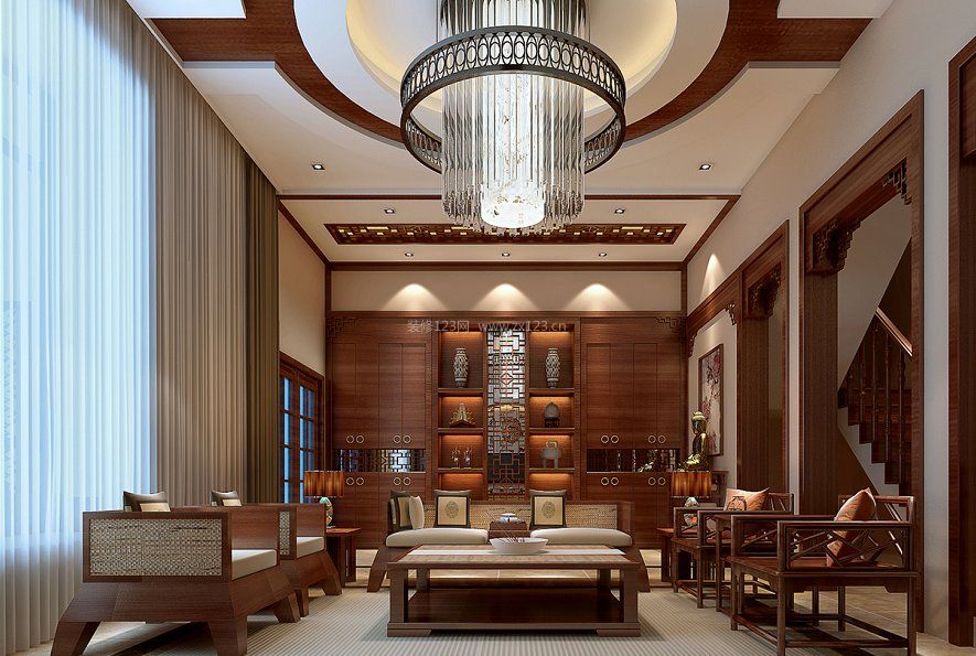2023中式风格室内挑高客厅装饰设计图