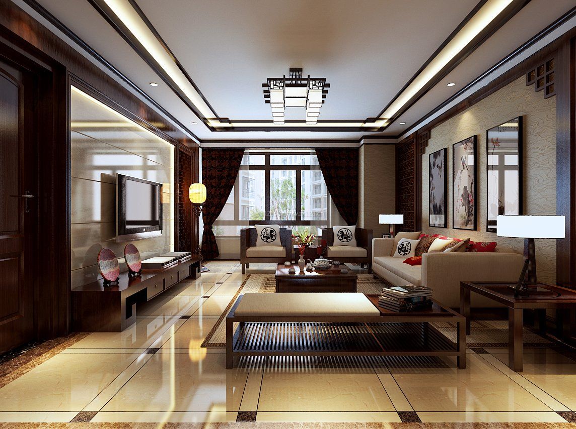 2023中式风格客厅室内地板瓷砖装饰设计