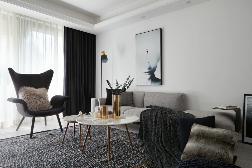 现代简约风格客厅灰色沙发效果实景图2022