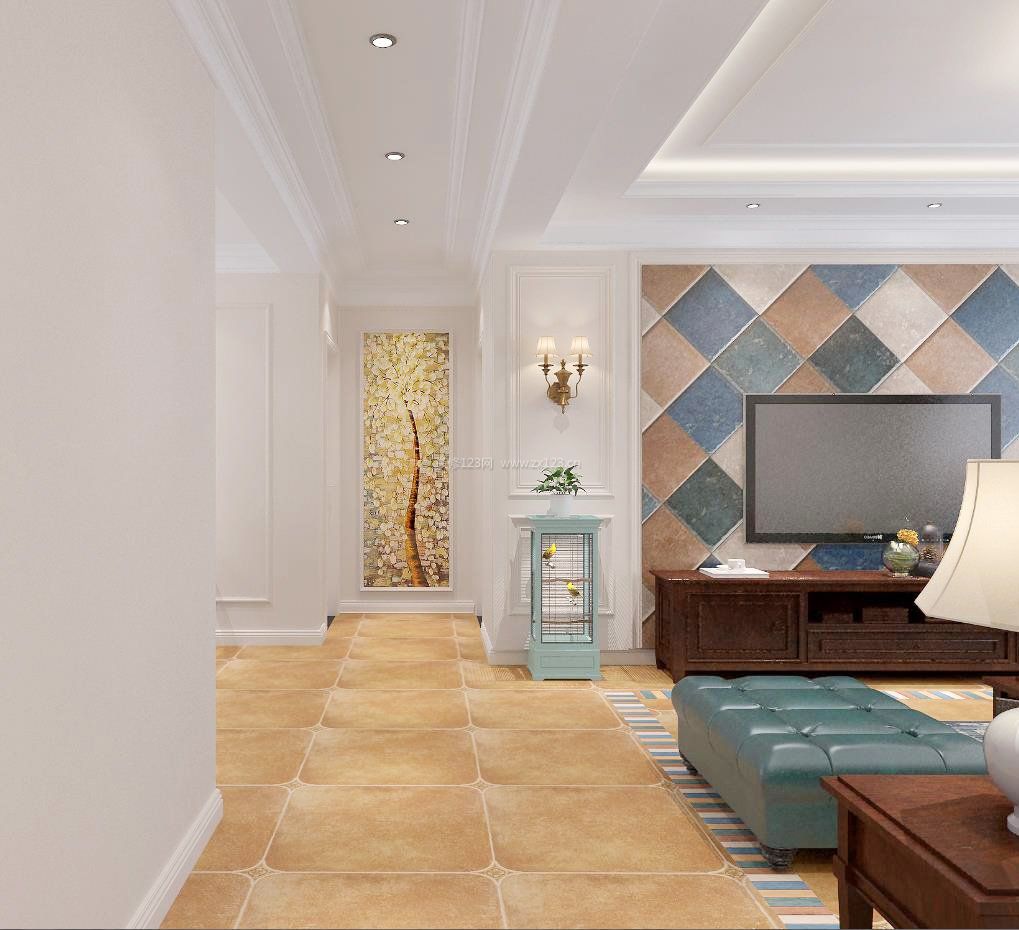 2023美式风格客厅电视墙瓷砖装饰效果图