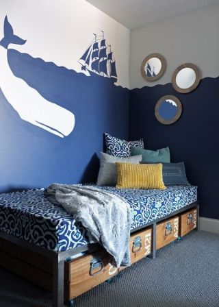 儿童房蓝色背景墙彩绘设计效果图