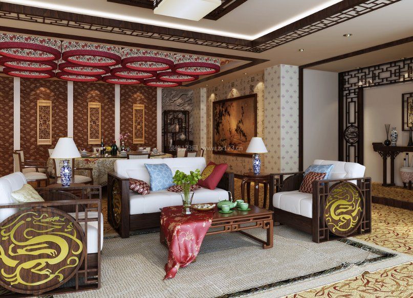 复古中式客厅茶几装饰图片2023