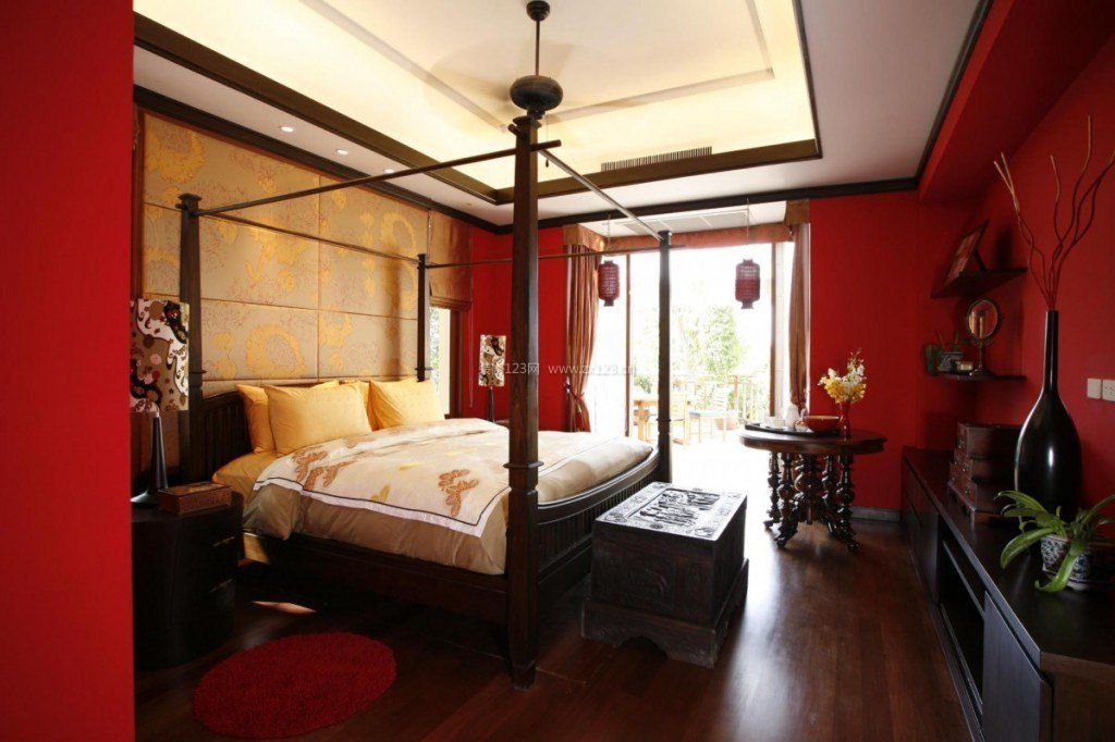 中式婚房卧室背景墙布置效果图