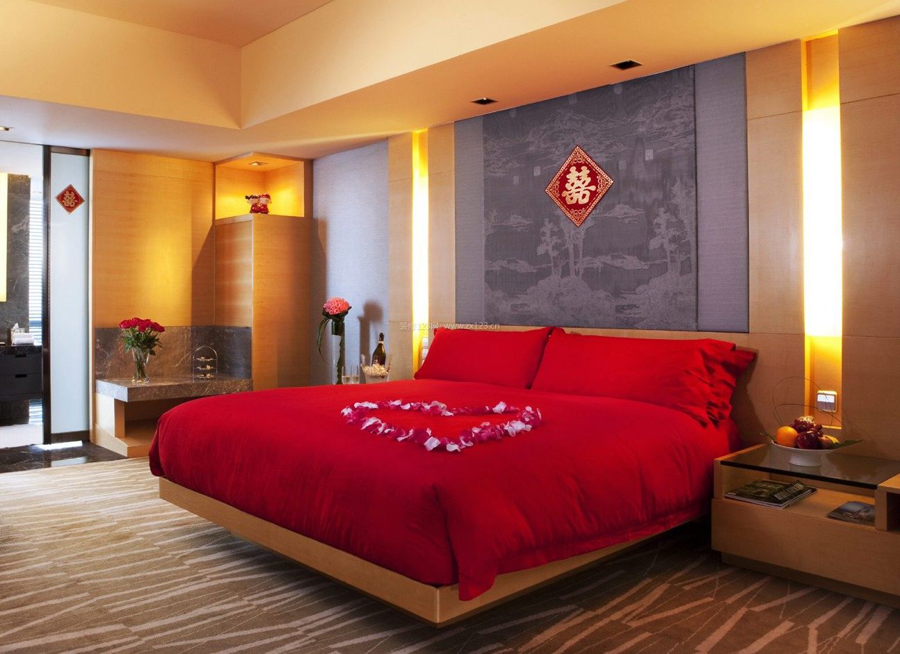 中式婚房卧室床品布置效果图