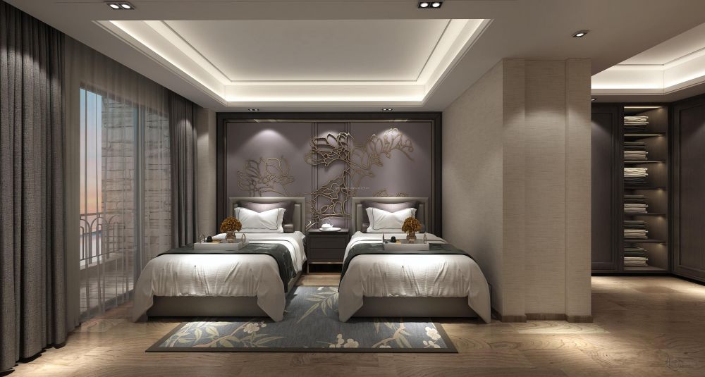 2021简约新中式卧室双人房装修效果图片