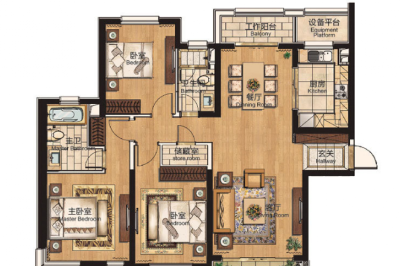 A1户型， 3室2厅2卫1厨， 建筑面积约147.00平米