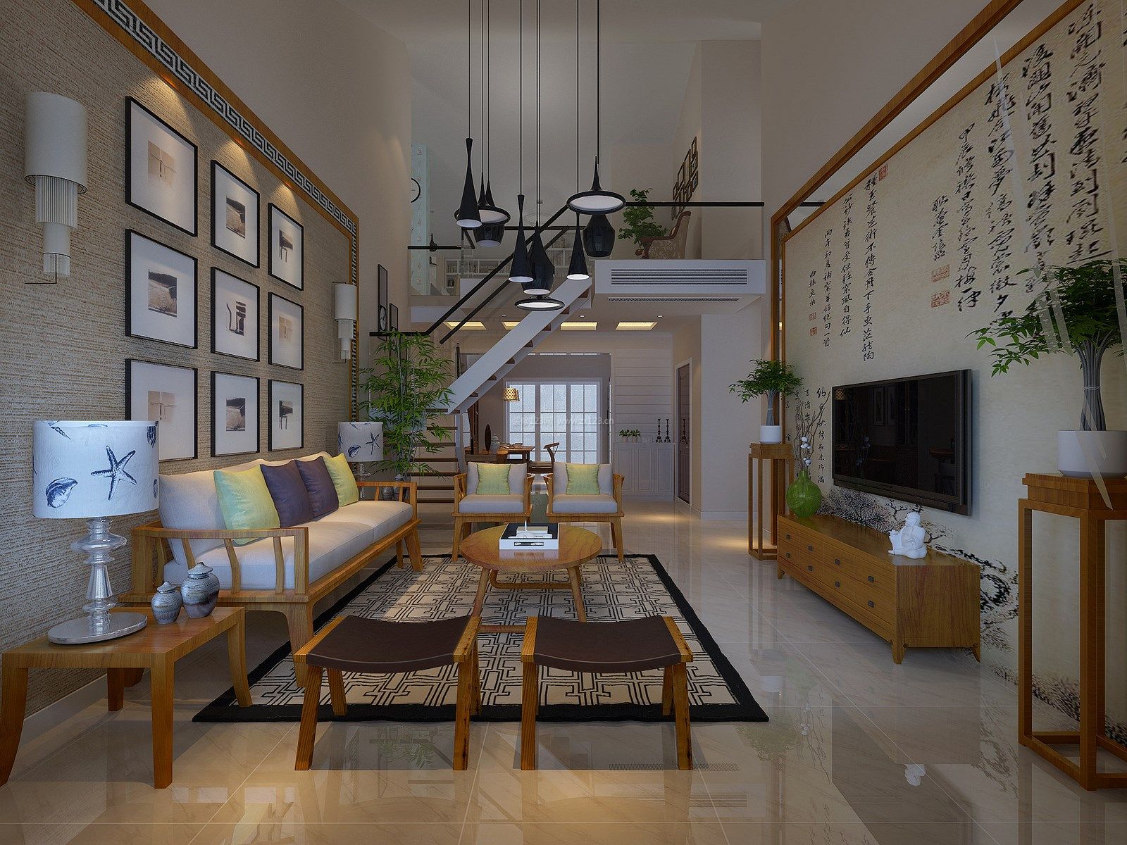 新中式别墅客厅电视背景墙装饰设计效果图
