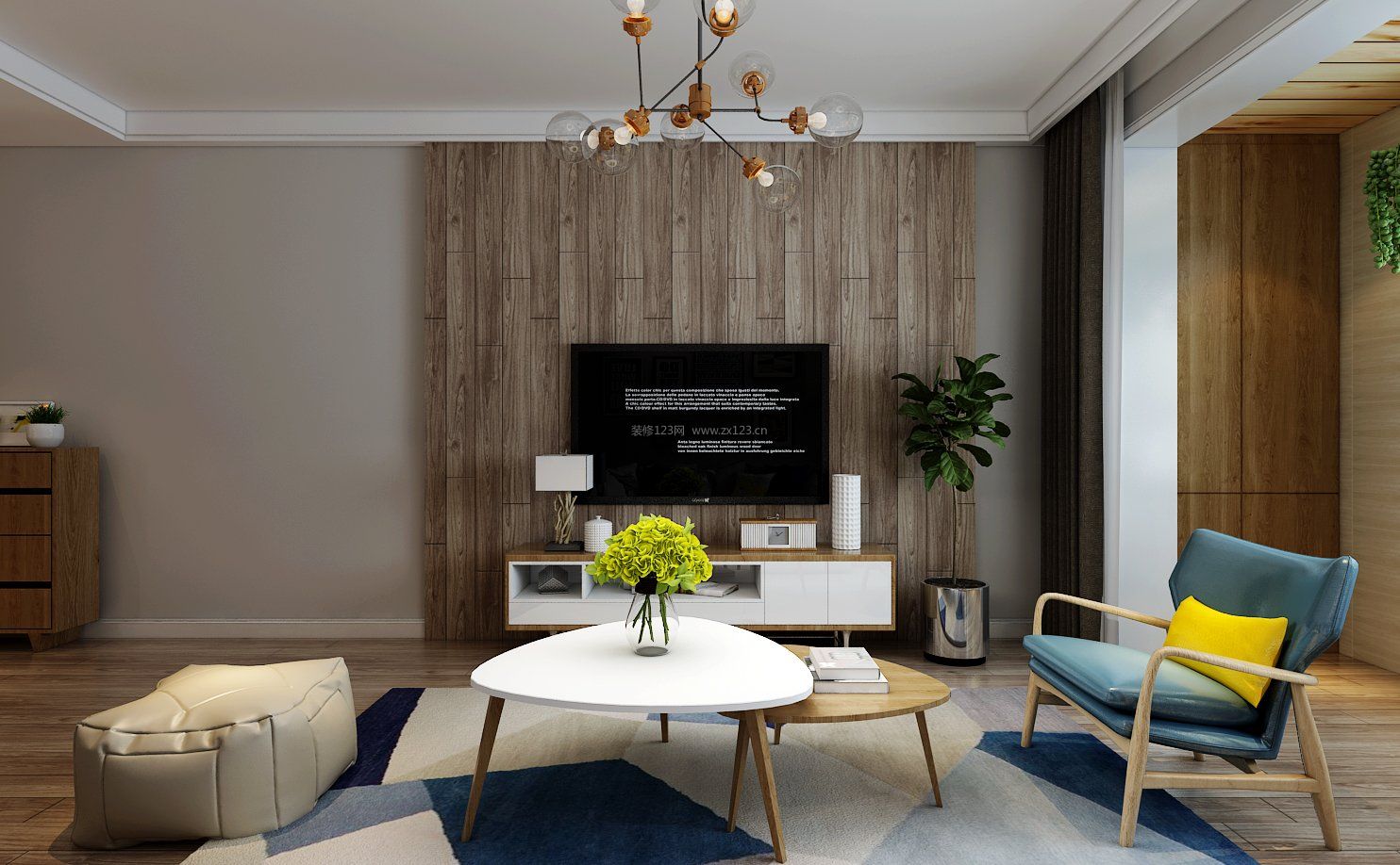 2022流行现代简约客厅木质电视墙装修效果图