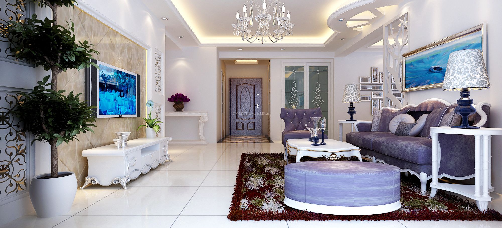 2023时尚简欧客厅紫色沙发搭配效果图片