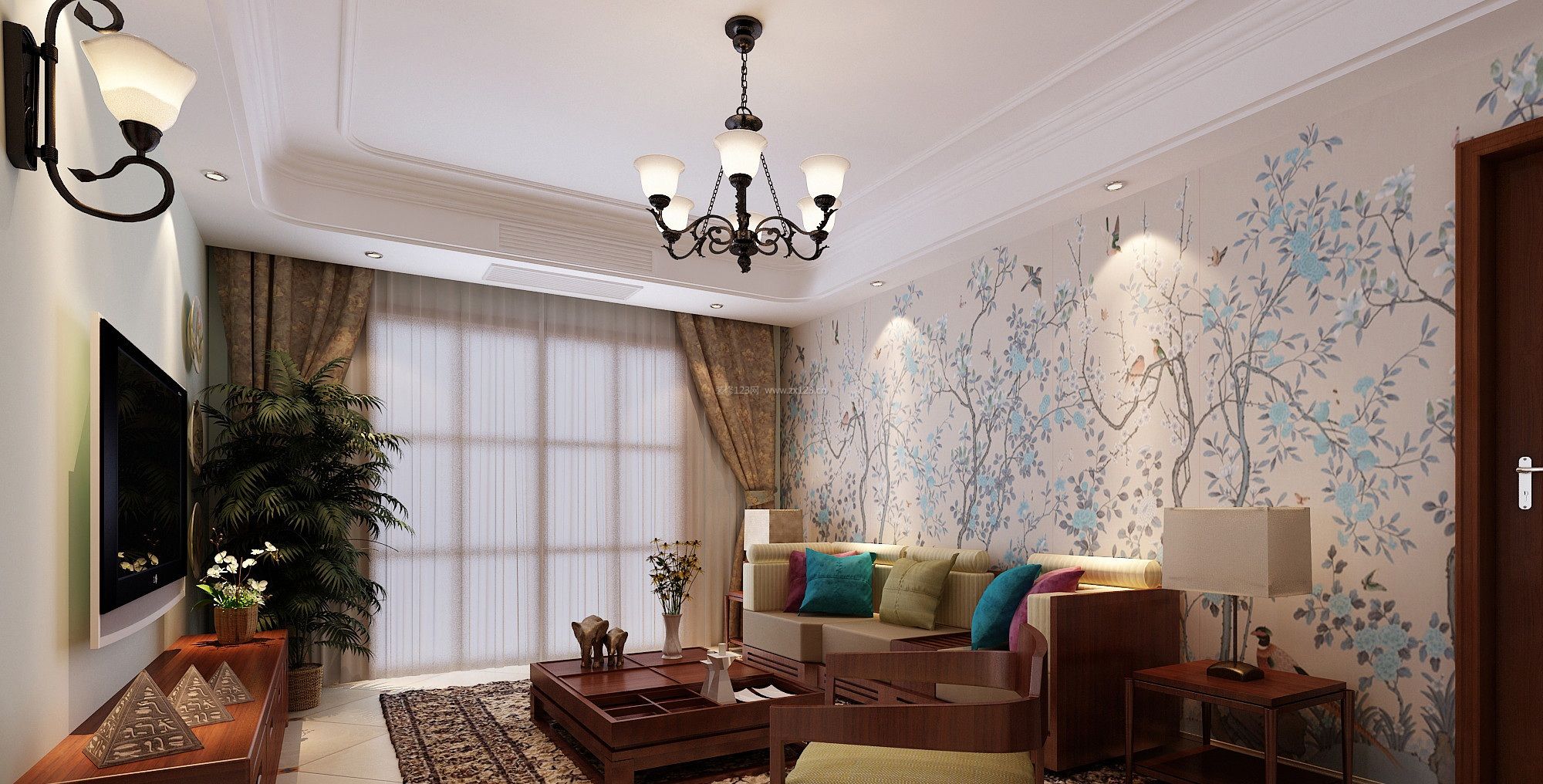 2022现代新中式客厅壁纸沙发背景墙效果图