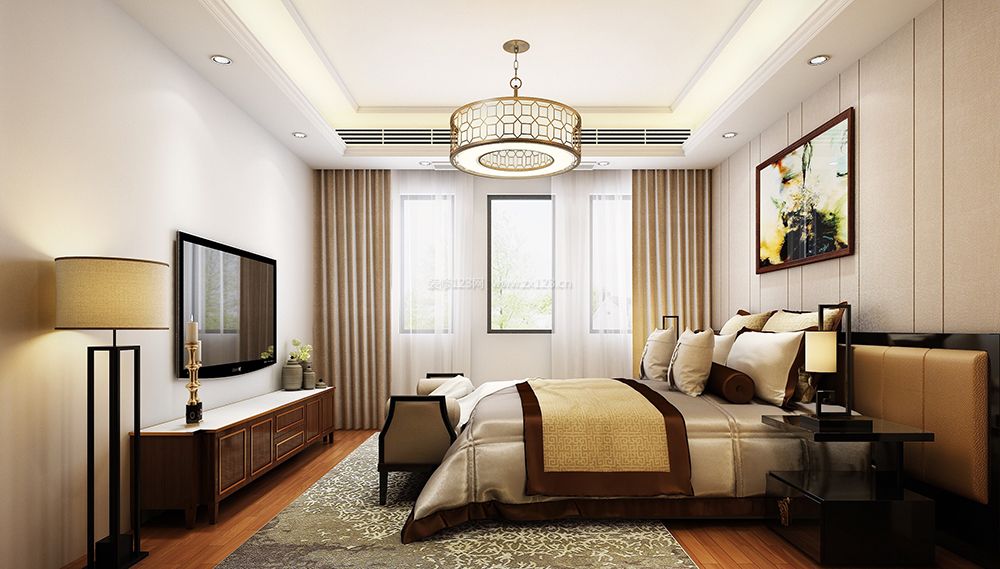 新中式风格卧室床尾凳装修效果图片