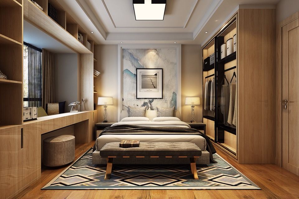 2020现代新中式卧室效果图 衣柜玻璃门效果图片