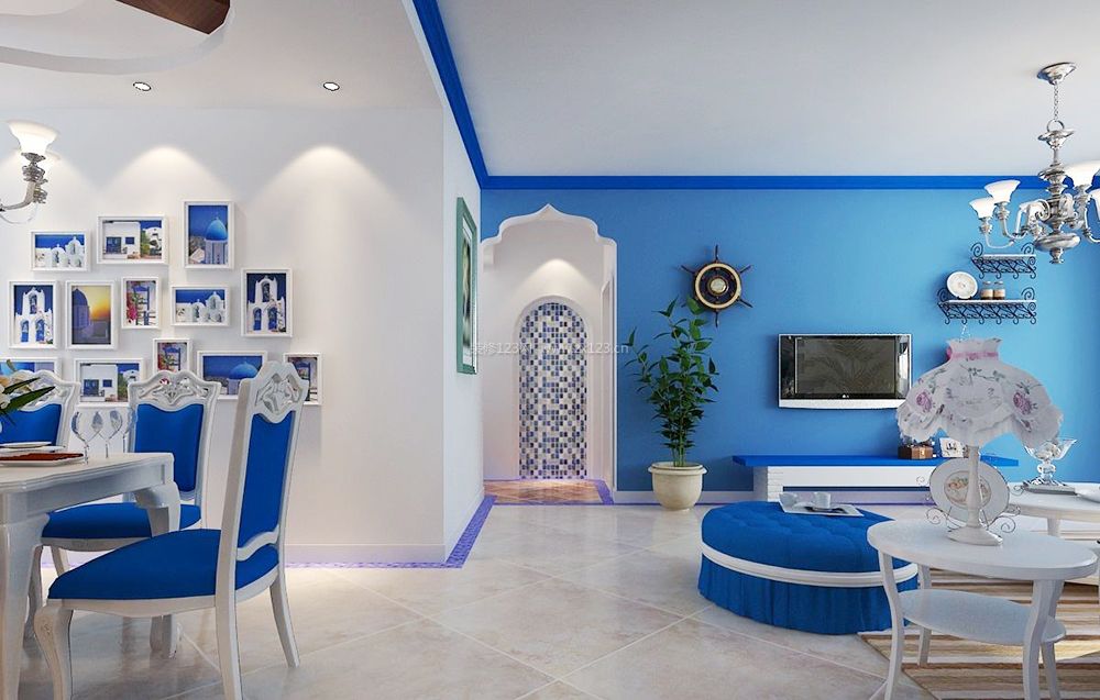 2023地中海风格客厅蓝色电视墙设计装修效果图
