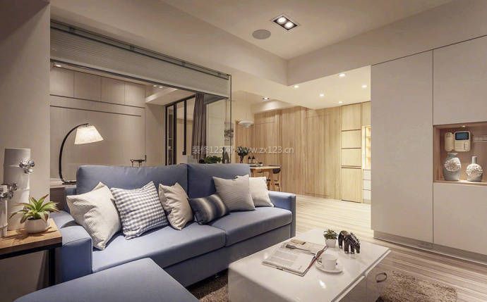 现代简约家庭装修效果图 蓝色布艺沙发