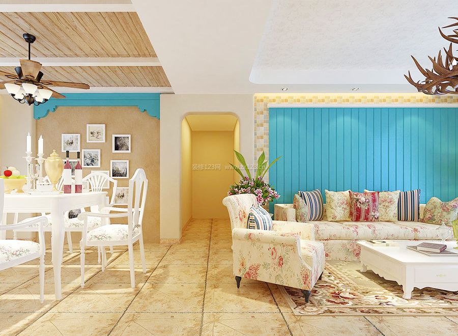 2023地中海风格客厅沙发背景墙装修设计效果图片大全