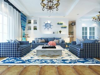 2023地中海风格客厅布艺组合沙发摆放装修设计图片
