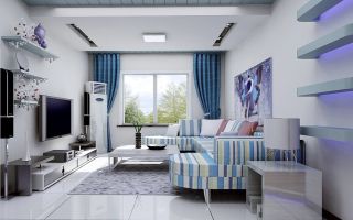 2023现代地中海风格客厅蓝色窗帘装修设计效果图片