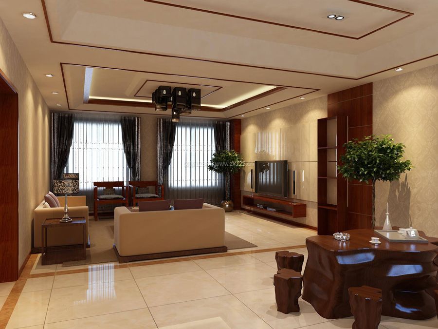 2023中式客厅瓷砖电视墙设计装修图片