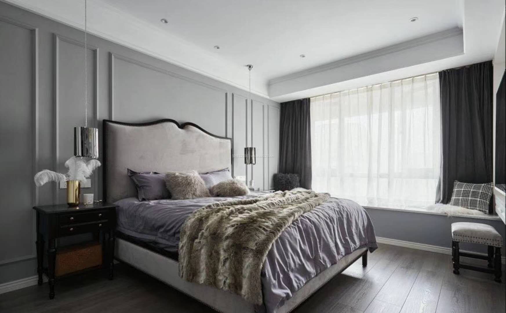 现代美式卧室飘窗窗帘装修效果图片