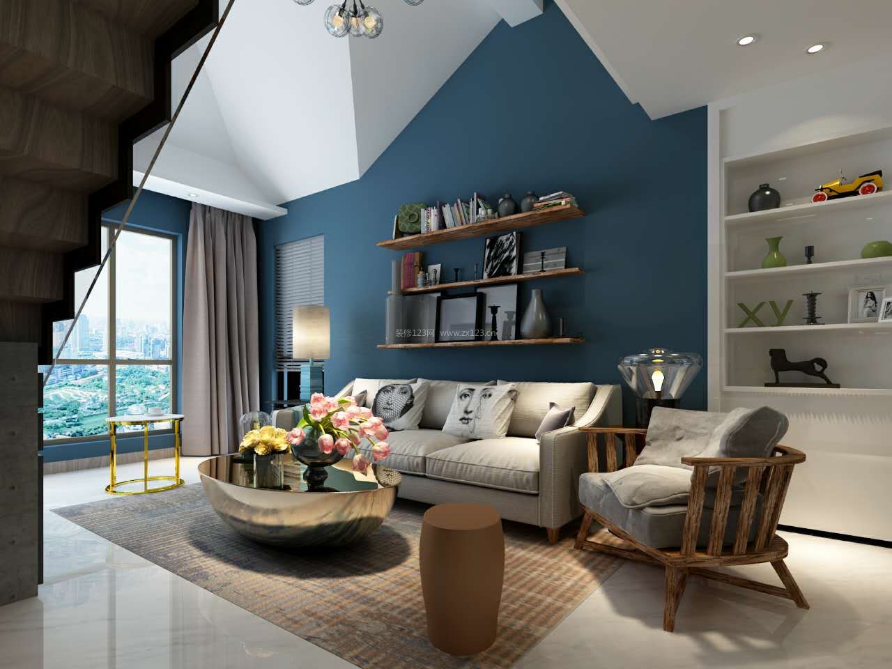 2022现代复式楼客厅沙发背景墙装修案例