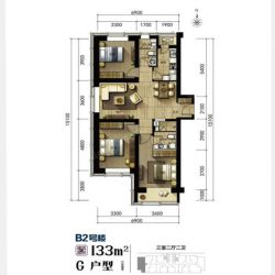 B2号楼G户型，3室2厅2卫，133平米（建筑）
