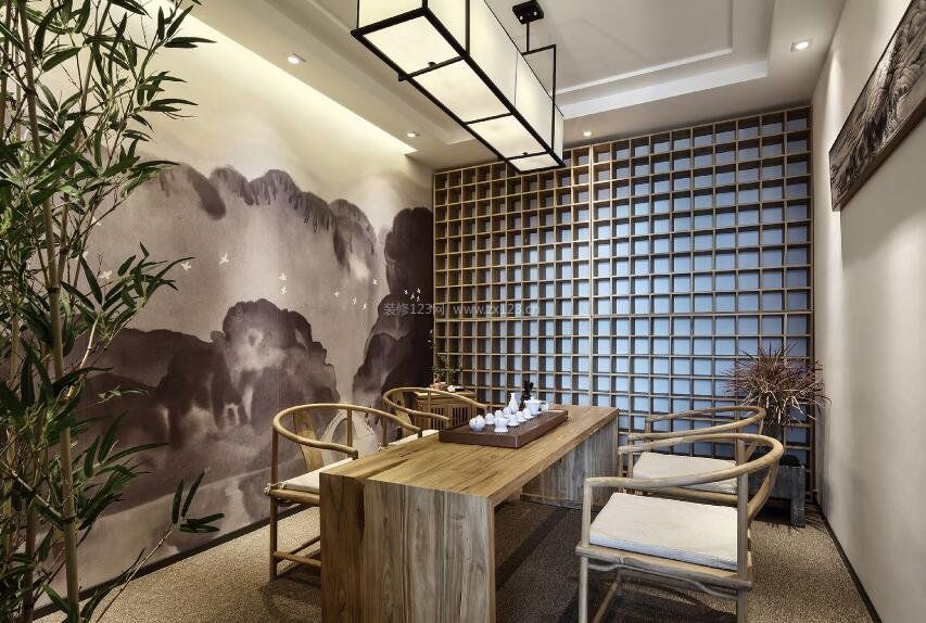 新中式茶室室内背景墙设计图