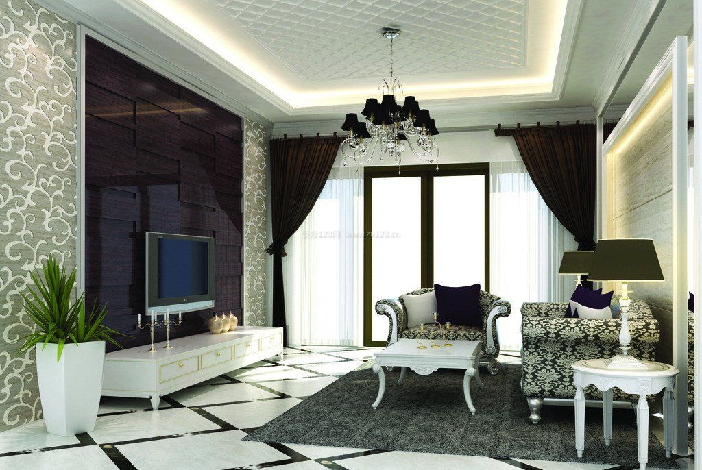 现代风格客厅黑白菱形瓷砖效果图