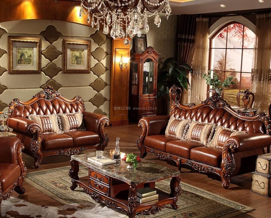 复古欧式风格客厅真皮沙发设计图片