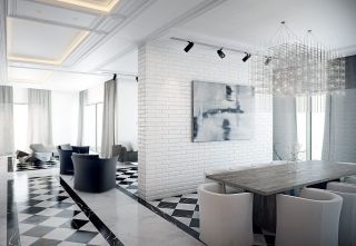 现代大户型公寓室内黑白瓷砖效果图