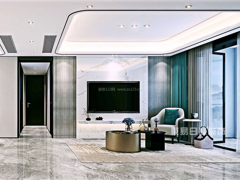2023时尚新中式客厅石材电视墙装修效果图片