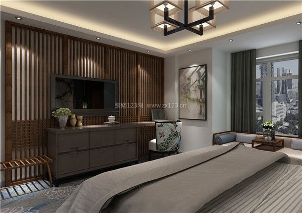 2023新中式酒店房间电视墙设计装修图片