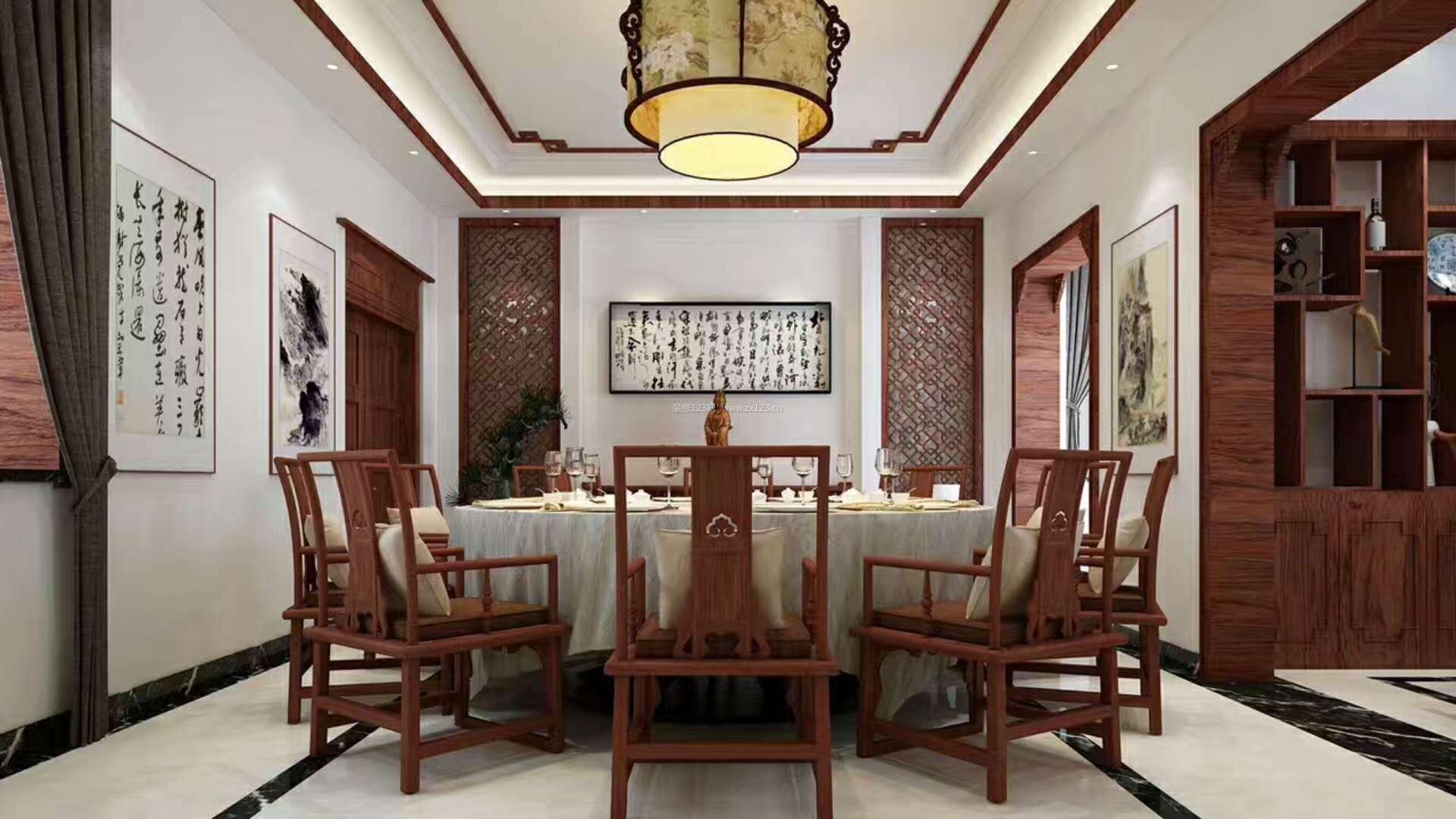 2023中式风格别墅餐厅实木圆餐桌装修效果图片大全