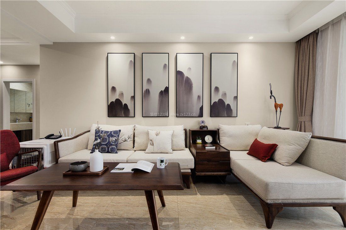 禅意风格客厅转角沙发装饰设计效果图